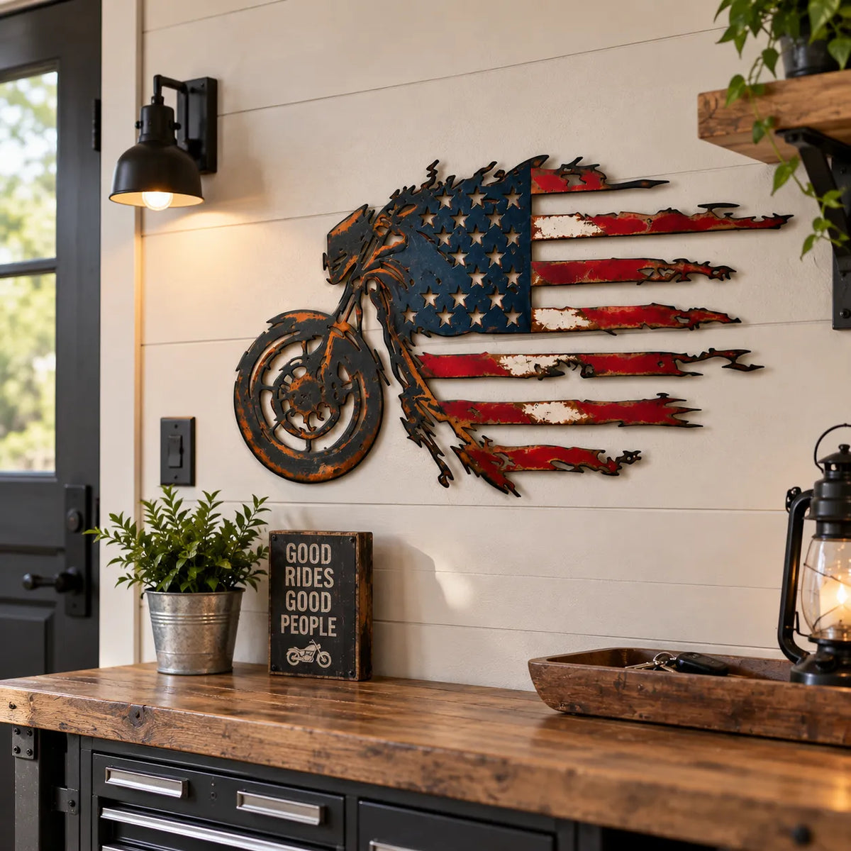 Patriotic Motorcycle American Flag Metal Wall Art