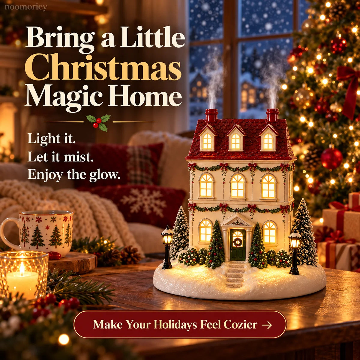 🎄 Christmas House Aroma Diffuser – Warm Light & Gentle Mist Holiday Decor