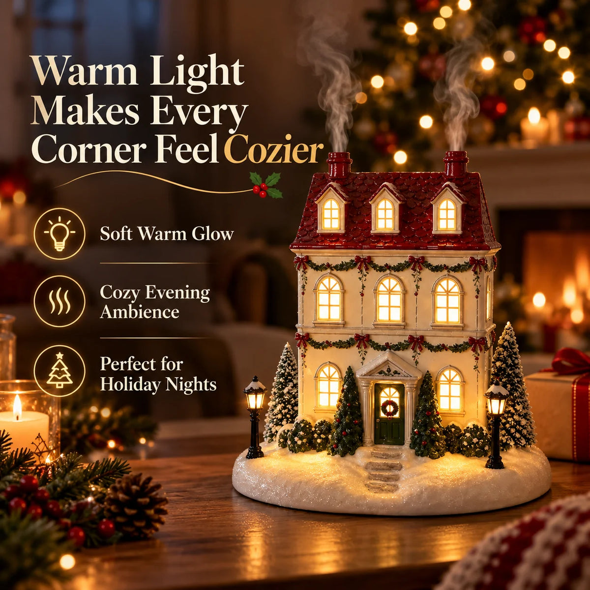🎄 Christmas House Aroma Diffuser – Warm Light & Gentle Mist Holiday Decor