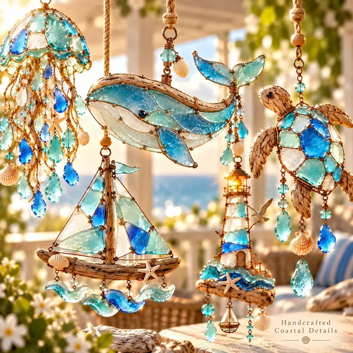 🌊✨ Sea Glass Coastal Charms – Handcrafted Ocean Suncatcher Hanging Ornament Collection