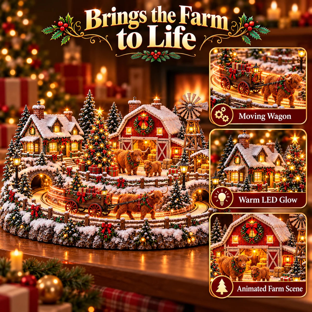 🐮 Highland Cow Christmas Farm Village – Animated Holiday Scene