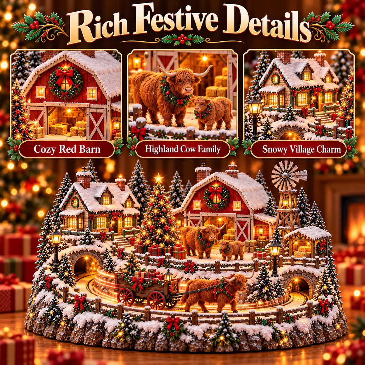 🐮 Highland Cow Christmas Farm Village – Animated Holiday Scene