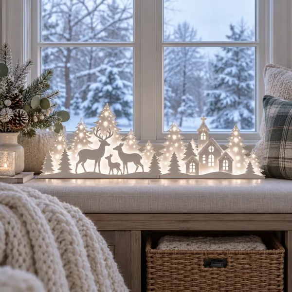 🦌 Illuminated Christmas decorations for the window – reindeer & village | 2-piece LED set ✨