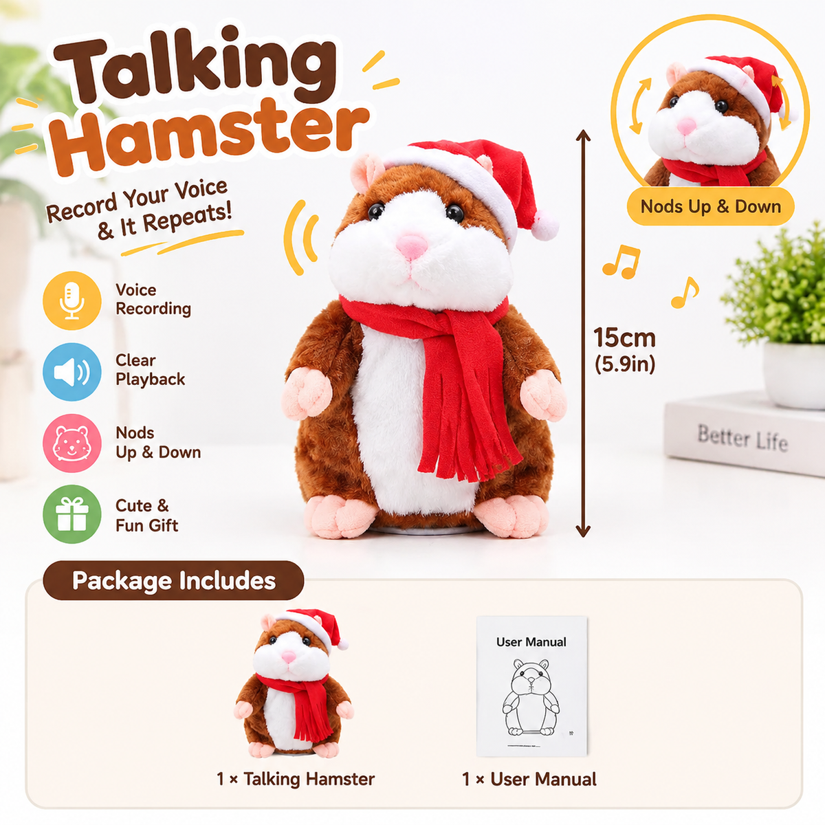 🐹 🐹Last Day Special Price £9.99！✨Talking Hamster Plush – repeats whatever you say, auto head-shaking, hilarious fun for kids & adults.🎁