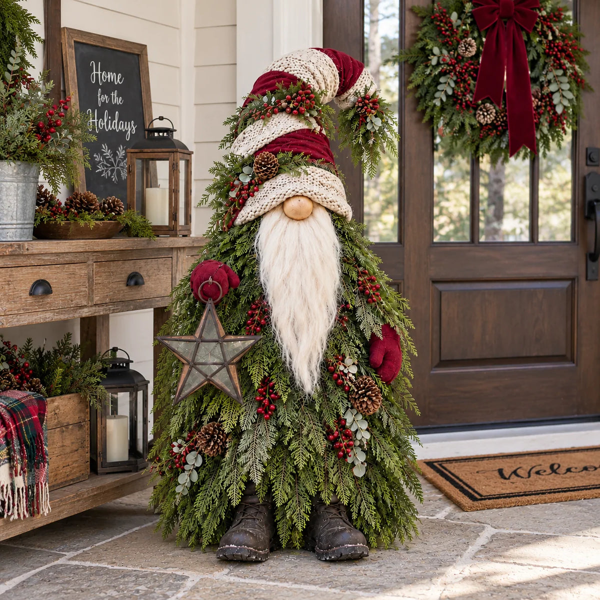 Evergreen Star Gnome Christmas decoration shown in festive setting