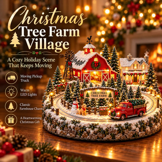 🌲 Lighted Christmas Tree Farm Village | Red Barn & Vintage Pickup Décor