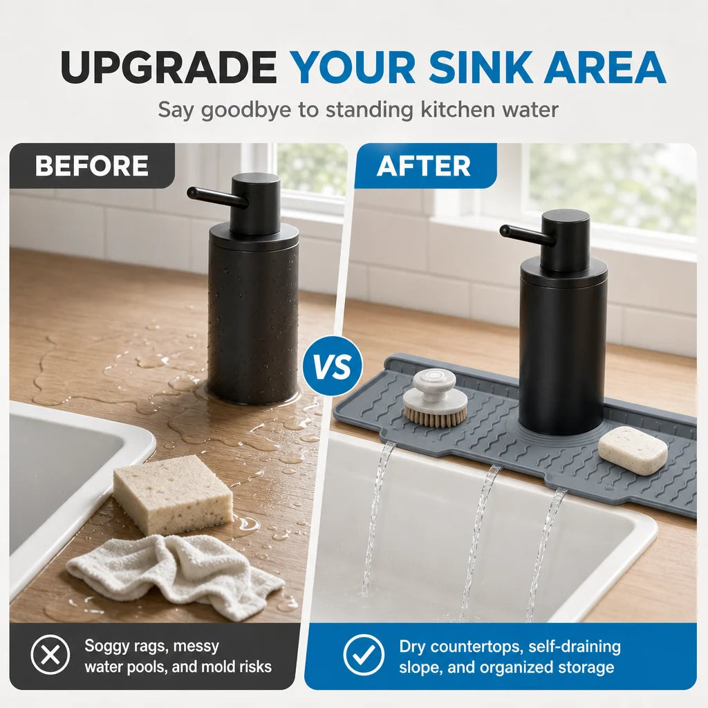 ⏳Time-Limited Special⏰Silicone Faucet Splash Guard Mat — Drain Fast, Cuttable🧽