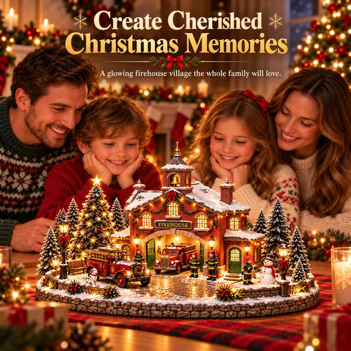 🎄 Christmas Firehouse Village – Warm Led Lights, Vintage Fire Trucks & Cozy Holiday Display