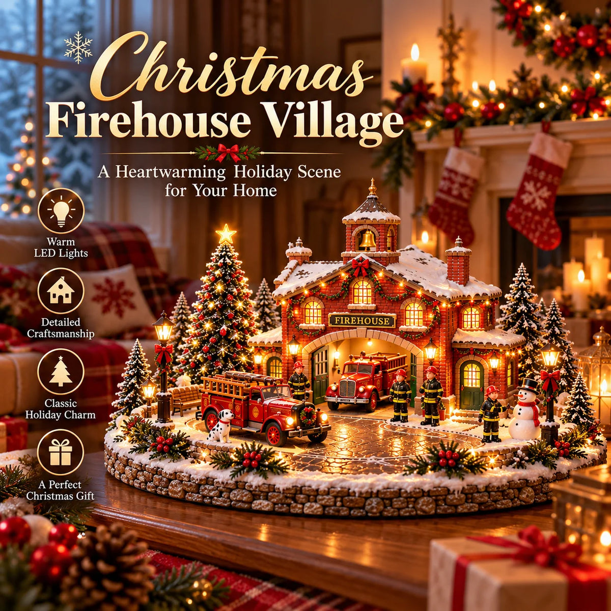 🎄 Christmas Firehouse Village – Warm Led Lights, Vintage Fire Trucks & Cozy Holiday Display