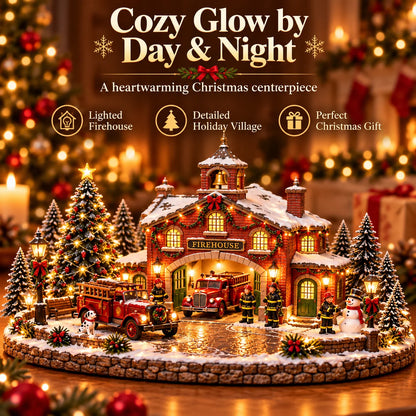 🎄 Christmas Firehouse Village – Warm Led Lights, Vintage Fire Trucks & Cozy Holiday Display