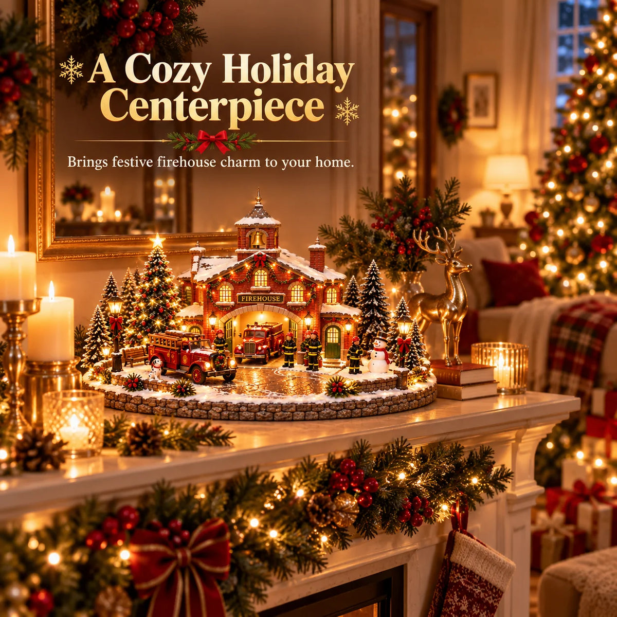 🎄 Christmas Firehouse Village – Warm Led Lights, Vintage Fire Trucks & Cozy Holiday Display