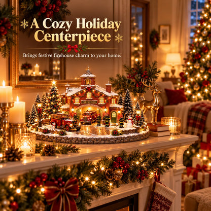 🎄 Christmas Firehouse Village – Warm Led Lights, Vintage Fire Trucks & Cozy Holiday Display