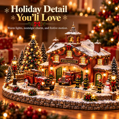 🎄 Christmas Firehouse Village – Warm Led Lights, Vintage Fire Trucks & Cozy Holiday Display