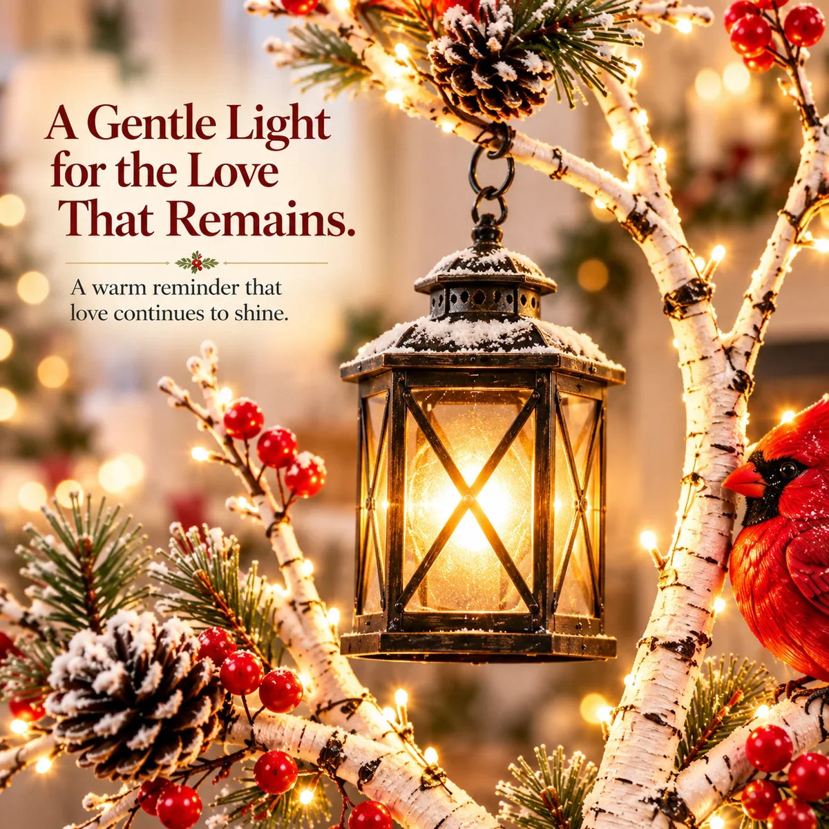 ❤️ Cardinal Winter Lantern Tree – Lighted Snowy Birch Tree with Red Cardinals & Hanging Lantern ✨