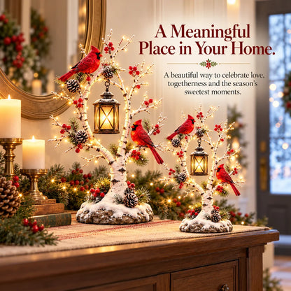 ❤️ Cardinal Winter Lantern Tree – Lighted Snowy Birch Tree with Red Cardinals & Hanging Lantern ✨