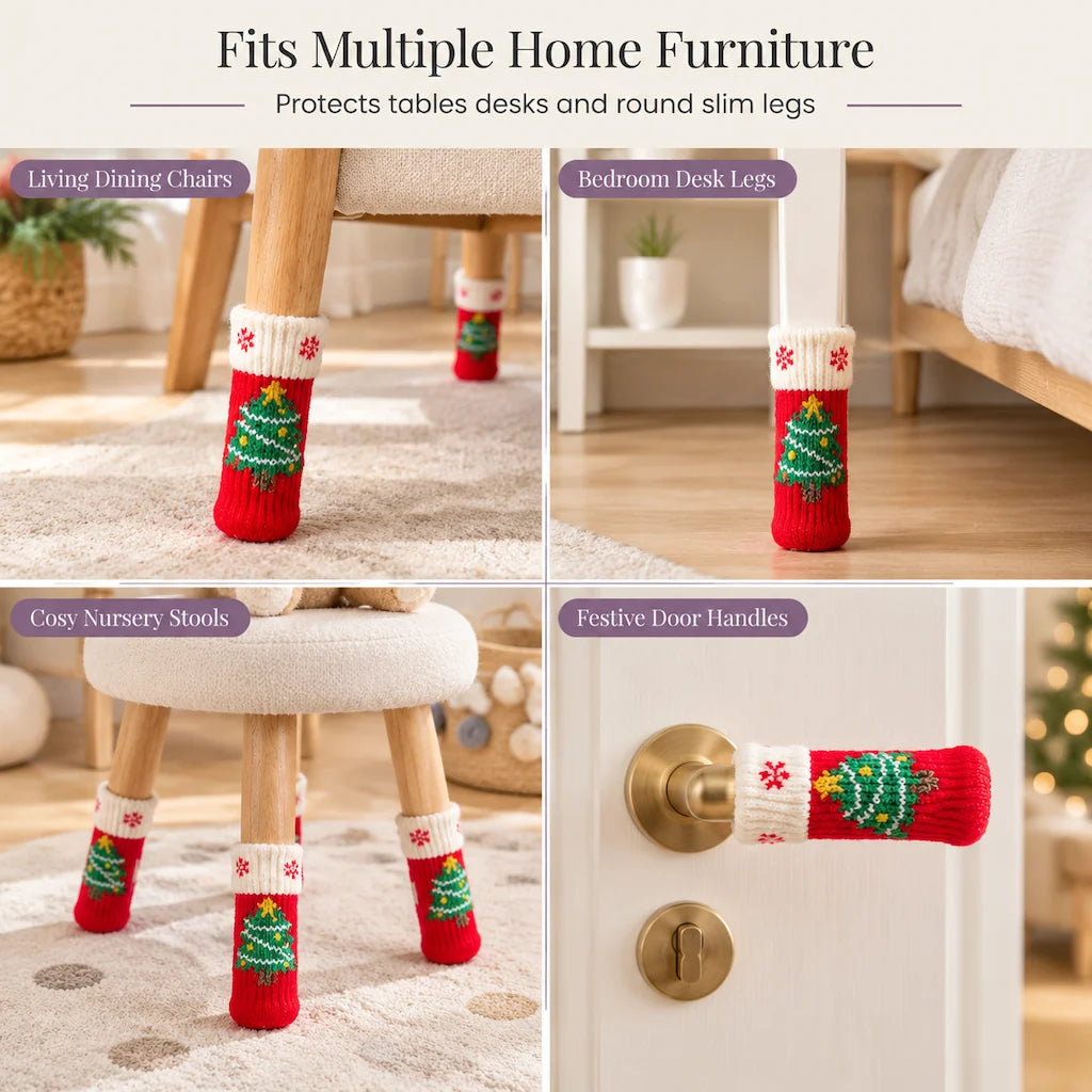 📢📢50%  Off !! ⏰christmas Knitted Chair Leg Covers With Felt Pads Non Slip Thickened Table Feet Socks Floor Protectors 4-piece Set
