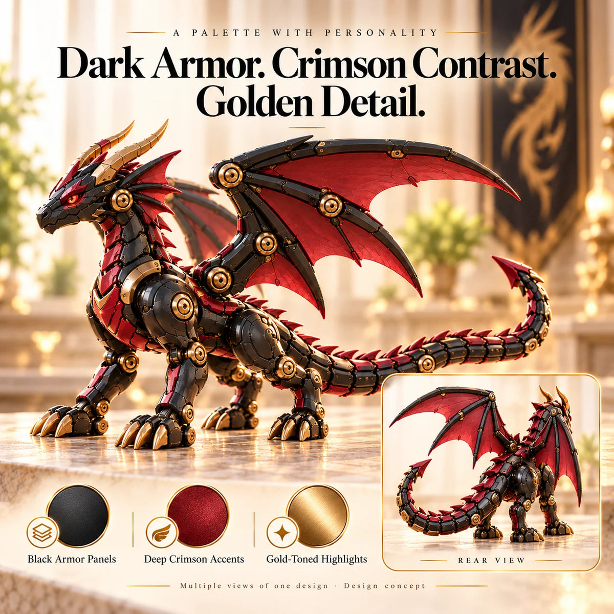 🔥🔥last Day 49% Off -🐉 Mechanical Dragon Egg – Black & Crimson Dragon With Folding Wings & Armored Details