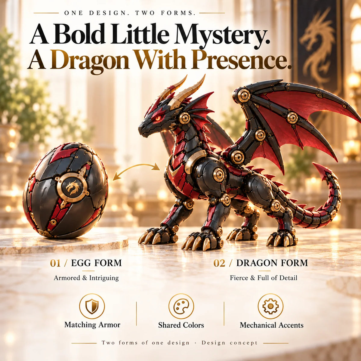🔥🔥last Day 49% Off -🐉 Mechanical Dragon Egg – Black & Crimson Dragon With Folding Wings & Armored Details