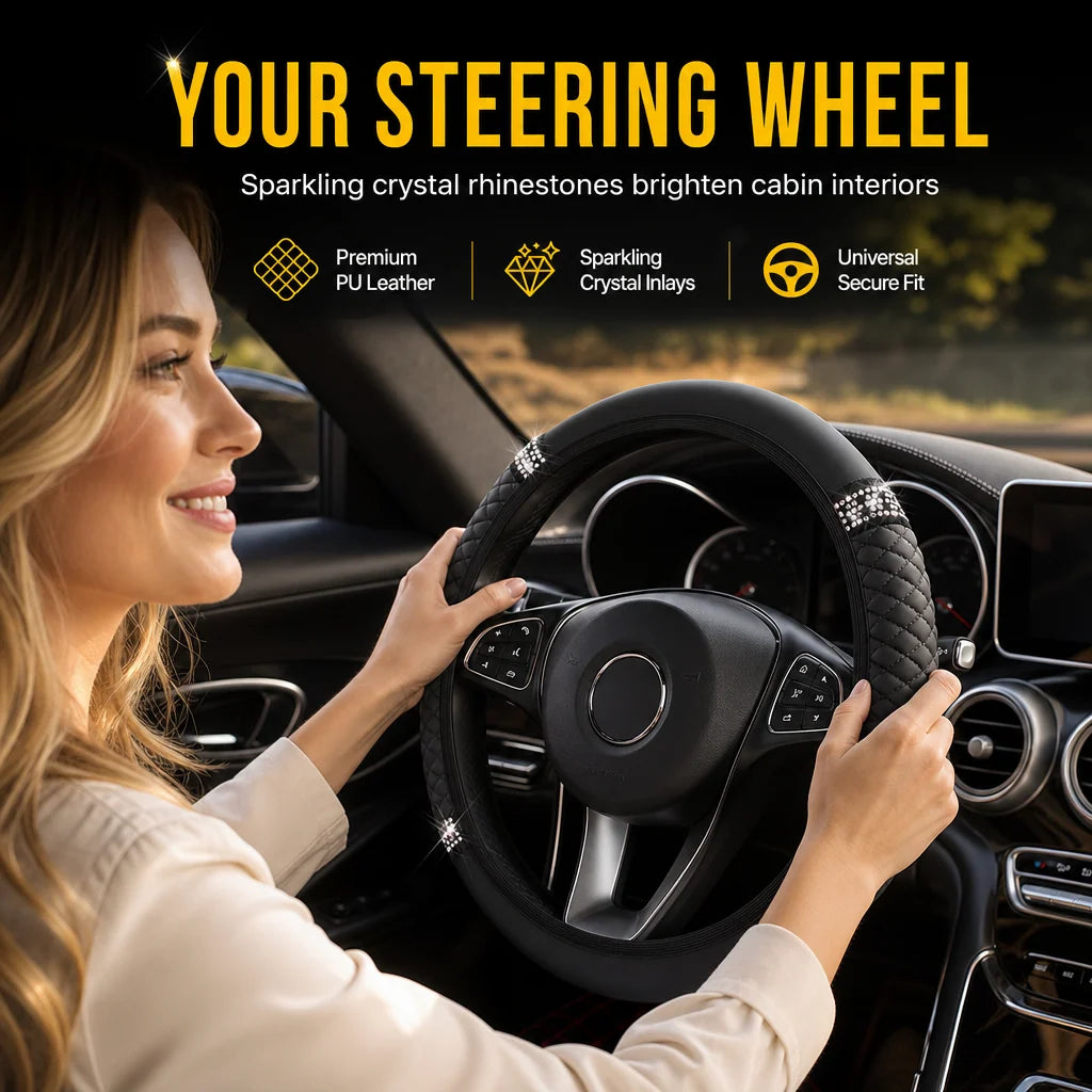 🚗 Rhinestone Steering Wheel Cover: Quilted Pu Leather, Luminous, Luxury, Easy Fit