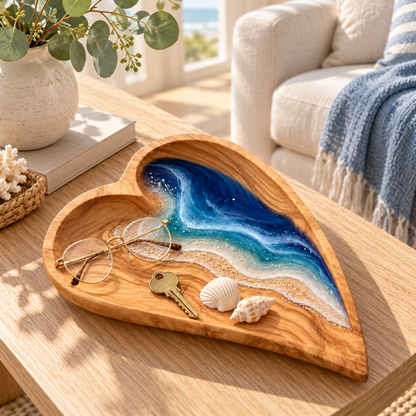 🌊 Ocean Resin Heart Dish – Handmade Olive Wood & Coastal Art