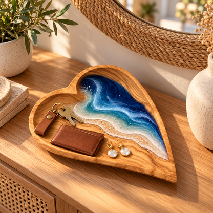 🌊 Ocean Resin Heart Dish – Handmade Olive Wood & Coastal Art