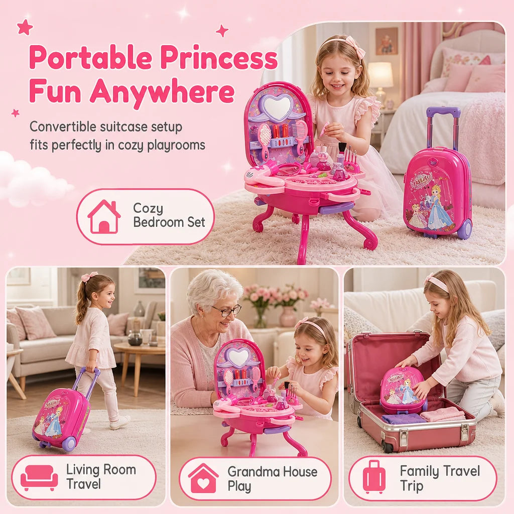 Kids’ Pretend Makeup Vanity Suitcase – Portable Dress-up Toy Set For Girls