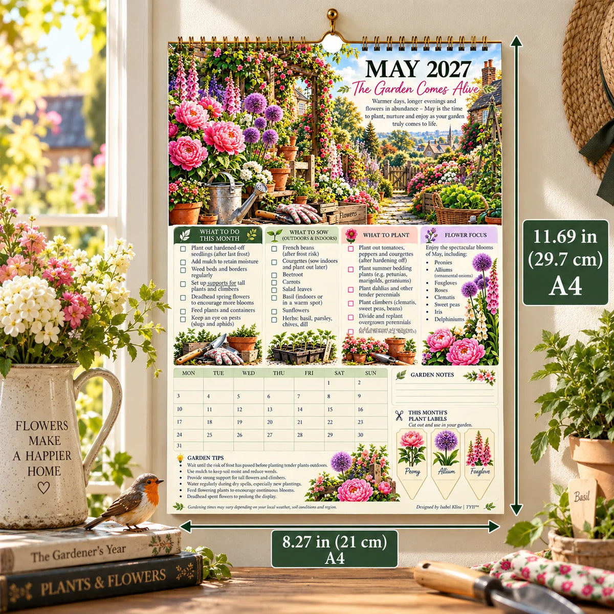 2027 Four Seasons Gardening Calendar & Monthly Planner – A4 Wall Calendar with Planting Guide, Garden Tasks & Plant Labels | WEEKLYARD™