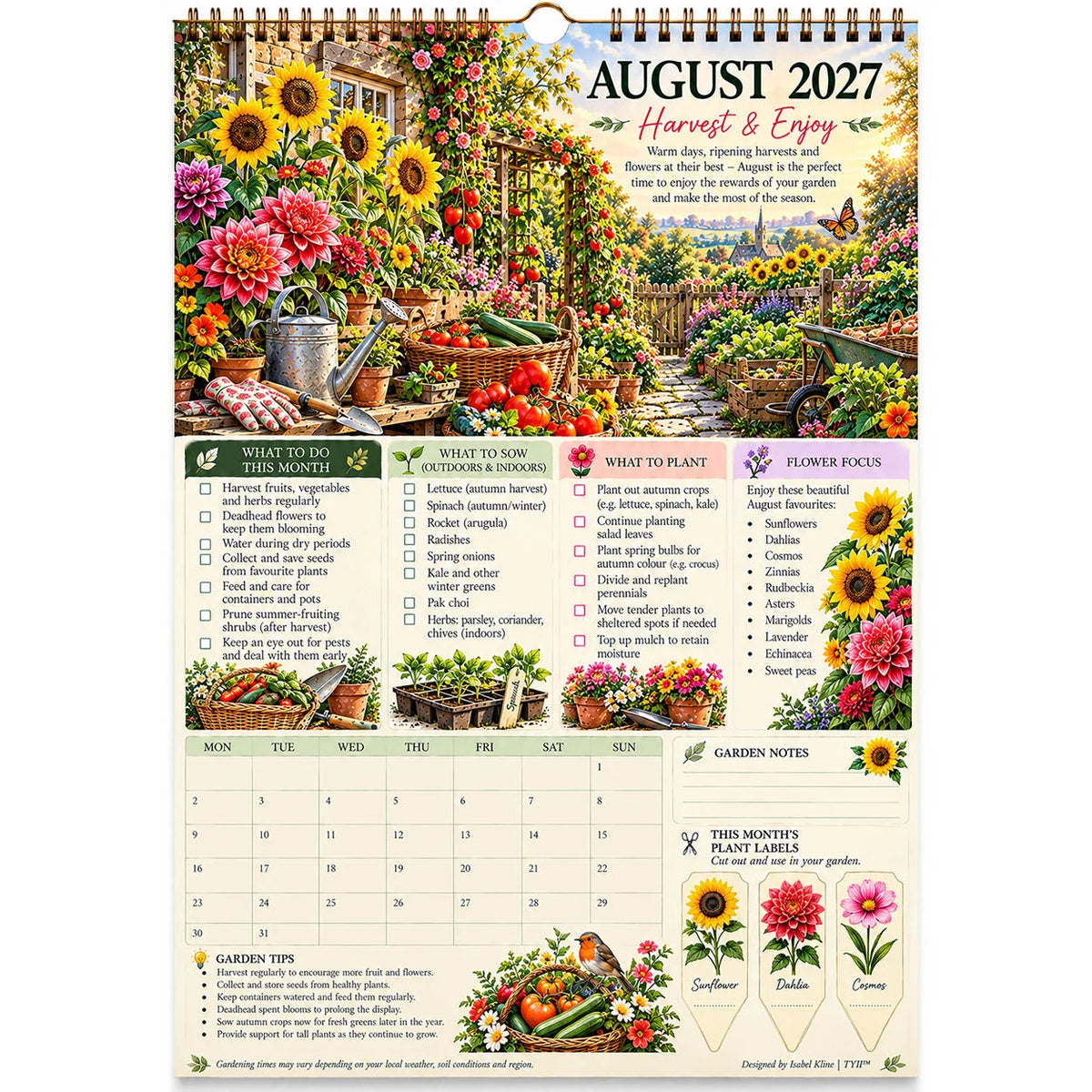 2027 Four Seasons Gardening Calendar & Monthly Planner – A4 Wall Calendar with Planting Guide, Garden Tasks & Plant Labels | WEEKLYARD™