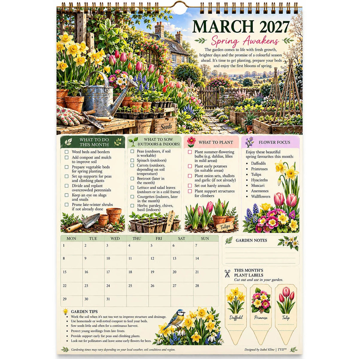 2027 Four Seasons Gardening Calendar & Monthly Planner – A4 Wall Calendar with Planting Guide, Garden Tasks & Plant Labels | WEEKLYARD™