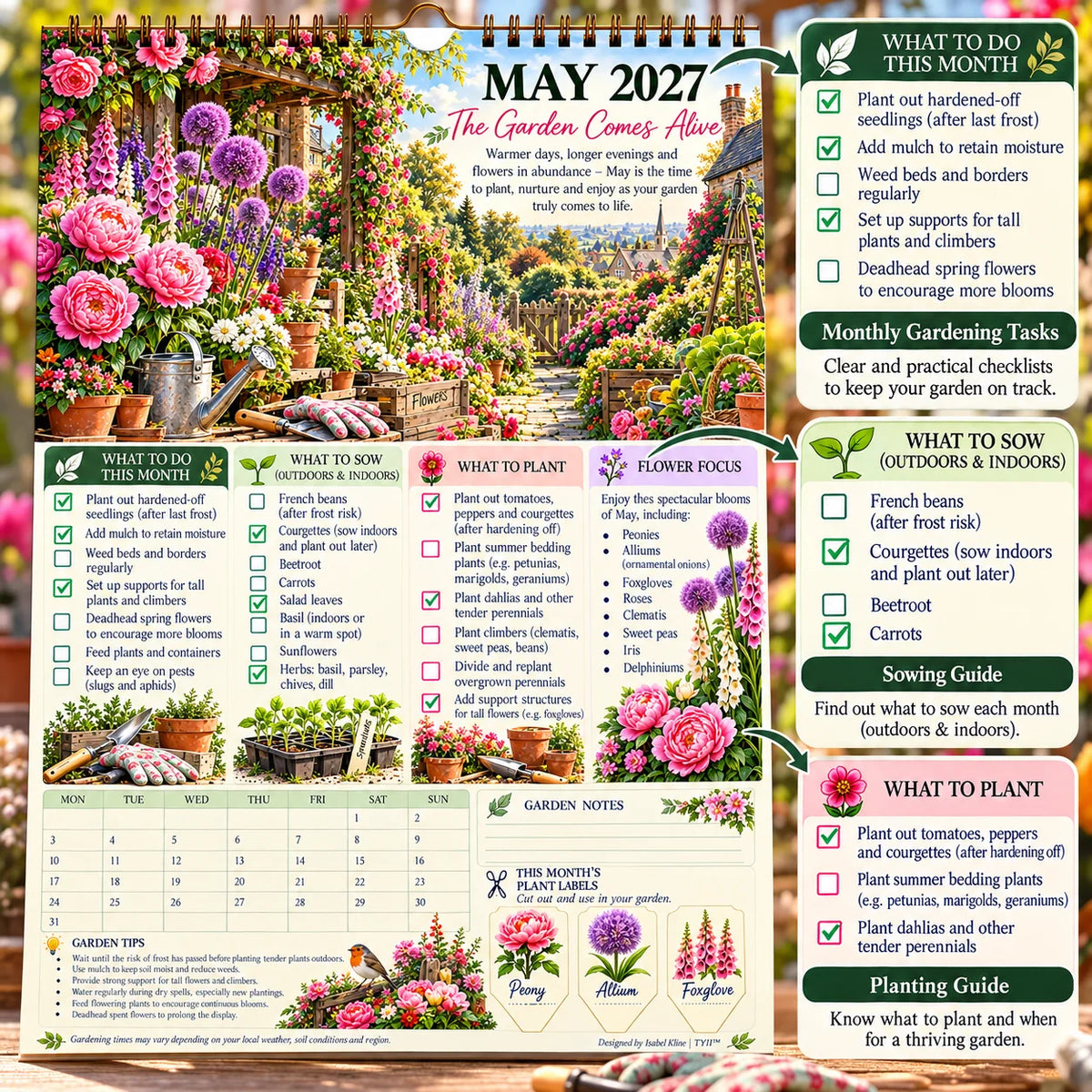 2027 Four Seasons Gardening Calendar & Monthly Planner – A4 Wall Calendar with Planting Guide, Garden Tasks & Plant Labels | WEEKLYARD™