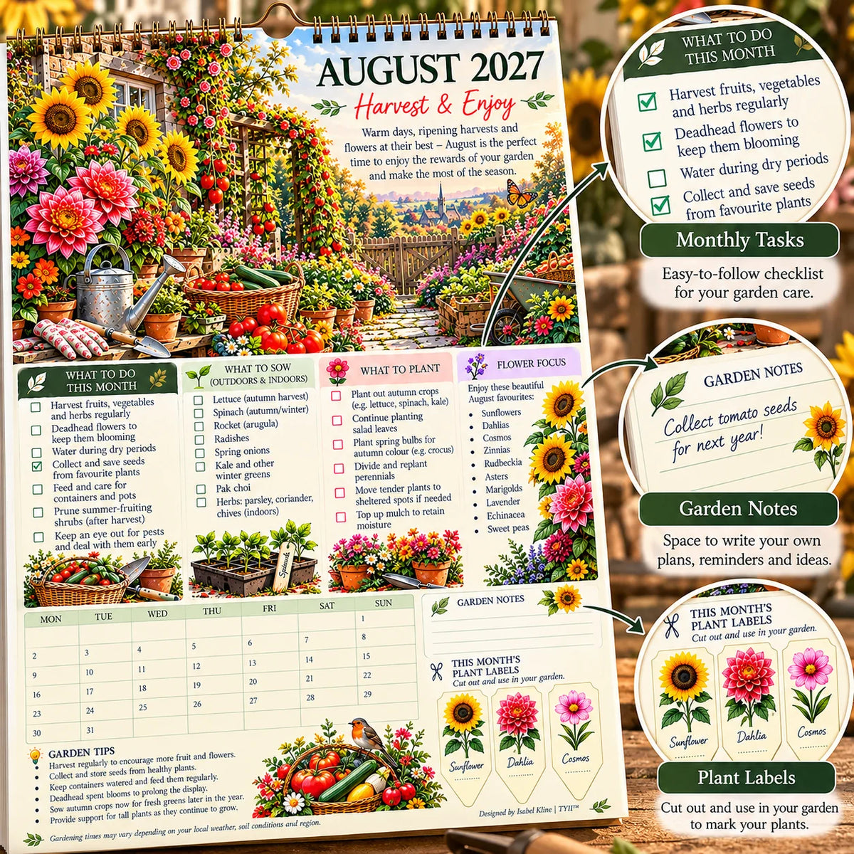 2027 Four Seasons Gardening Calendar & Monthly Planner – A4 Wall Calendar with Planting Guide, Garden Tasks & Plant Labels | WEEKLYARD™
