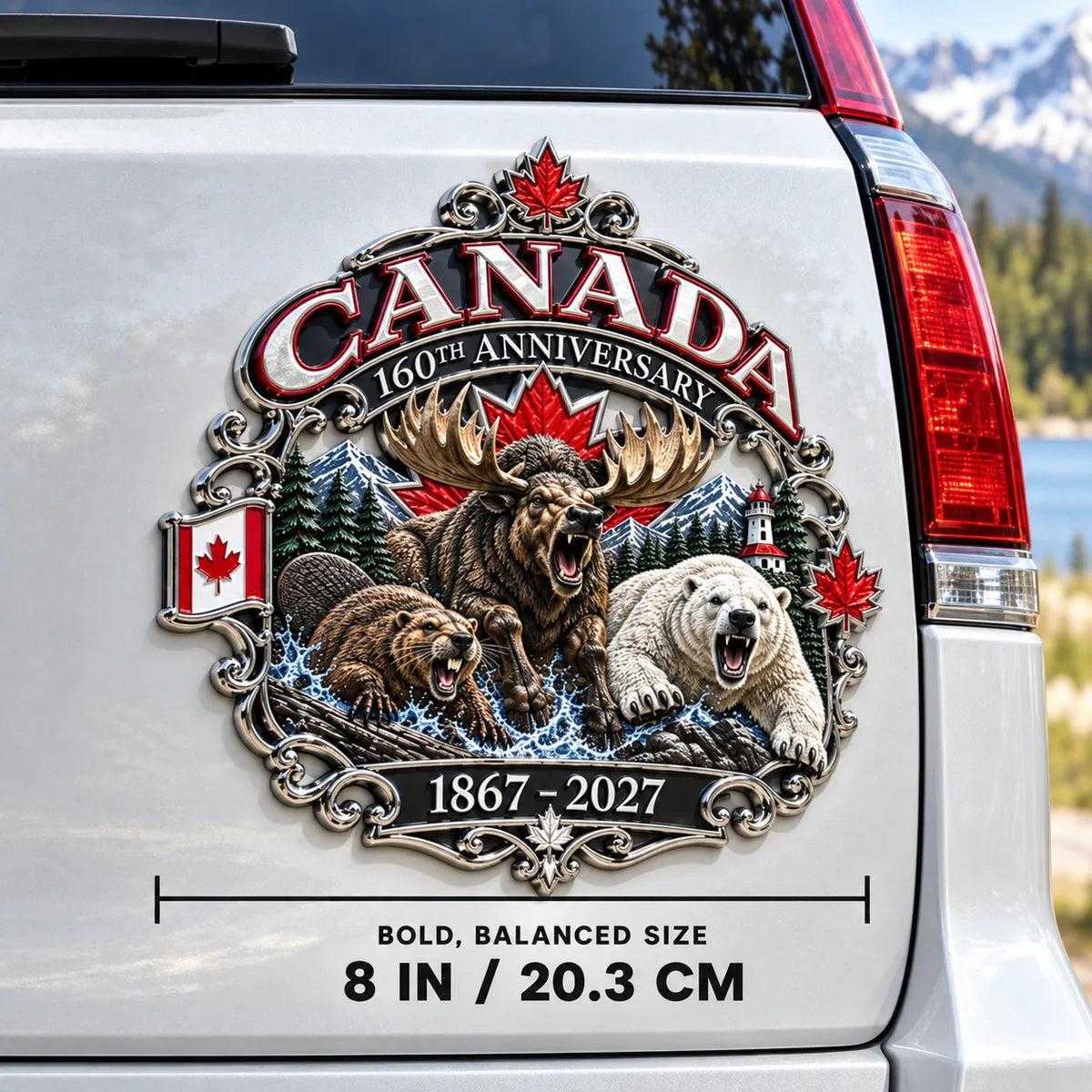 ⏳ Limited-Time 49% OFF – 🍁 Canada 160th Anniversary 3D Car Emblem | 8-Inch Metal Wildlife Badge, 1867–2027 🇨🇦