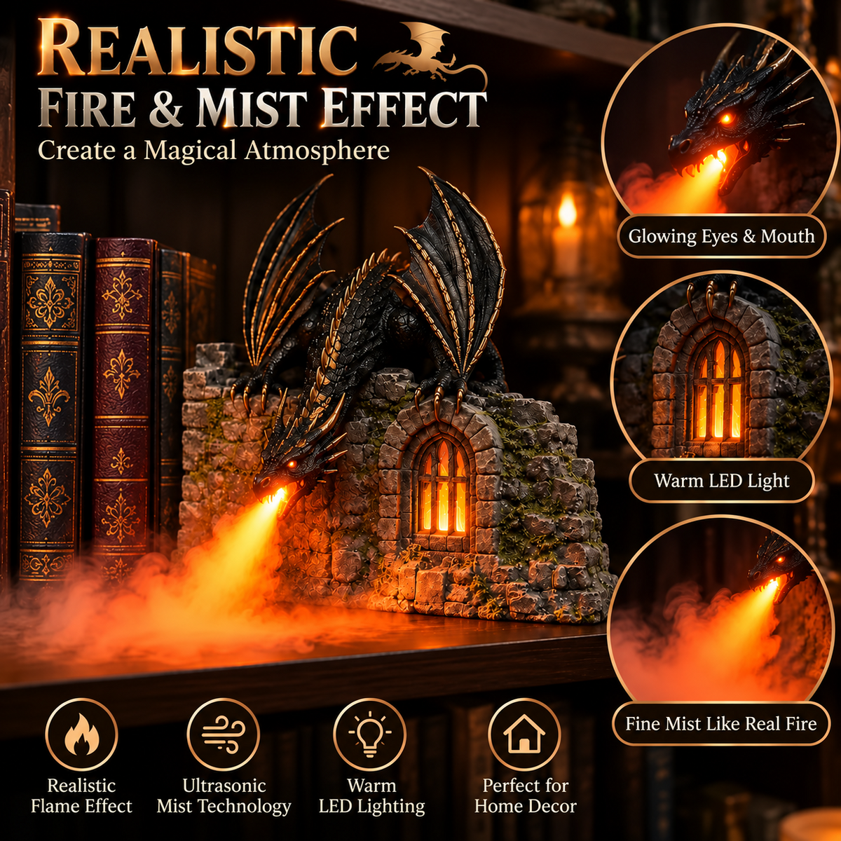 🐉Dragon Humidifier with Flame Effect – Fantasy Magic for Your Reading Nook