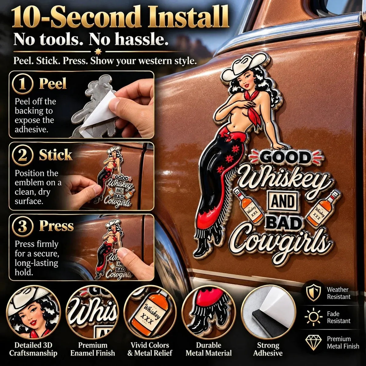 🤠🐎 “Good Whiskey And Bad Cowgirls” Vintage Western Cowgirl Metal Car Emblem
