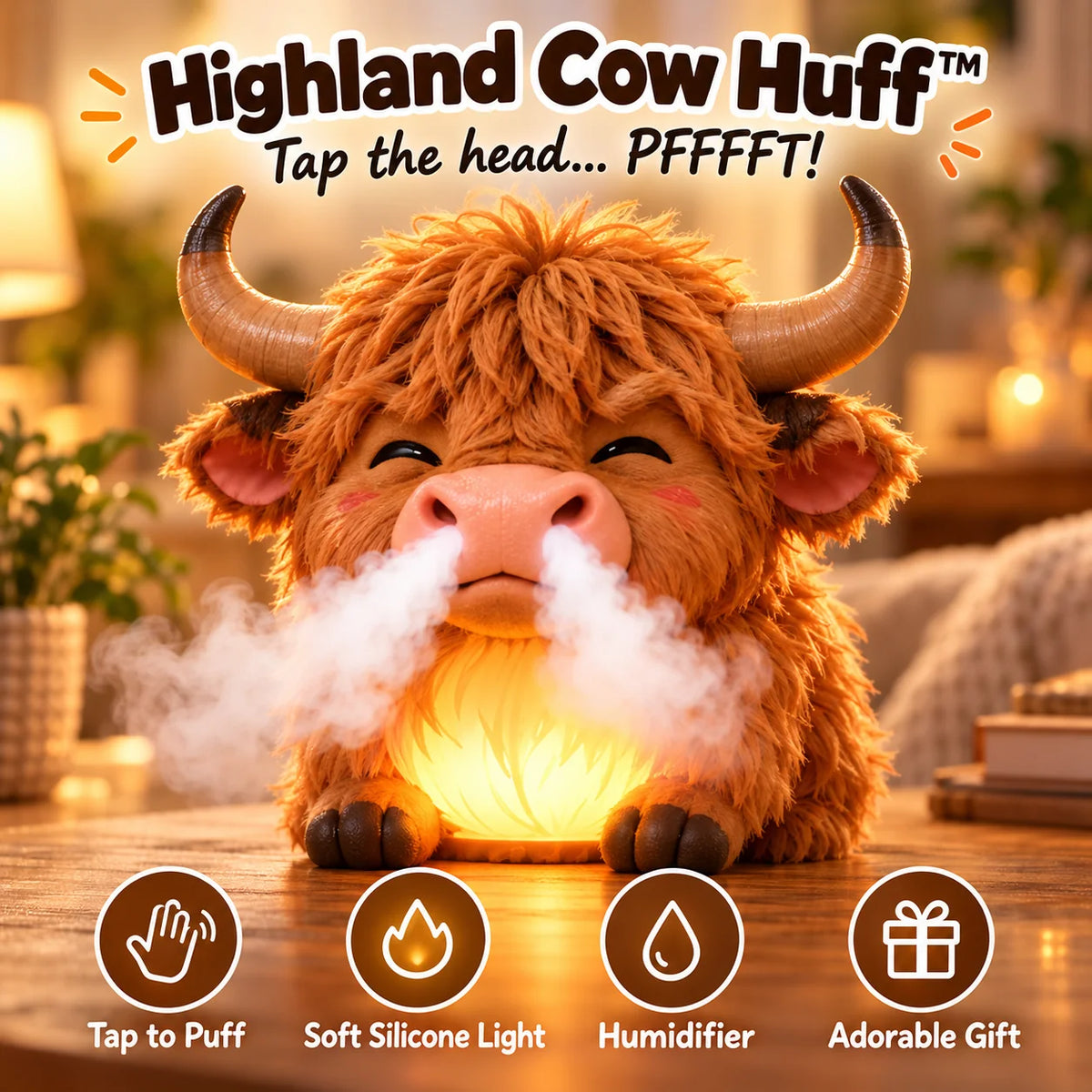 🐮 Highland Cow Huff – Tap-to-Puff Humidifier & Colorful Night Light ✨🎁