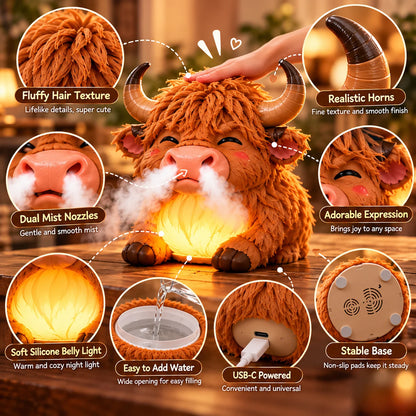 🐮 Highland Cow Huff – Tap-to-Puff Humidifier & Colorful Night Light ✨🎁