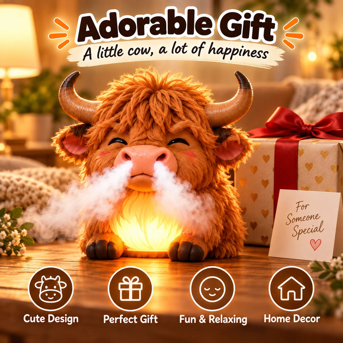 🐮 Highland Cow Huff – Tap-to-Puff Humidifier & Colorful Night Light ✨🎁