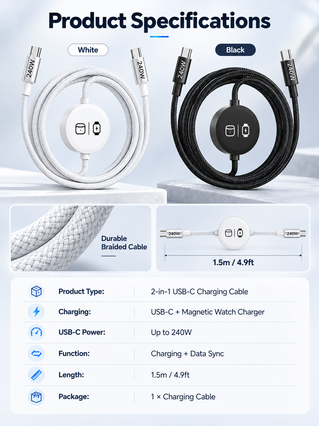 New 240W Fast Charging Cable for Apple Watch iWatch, Wireless Magnetic Charging Circular Data Cable