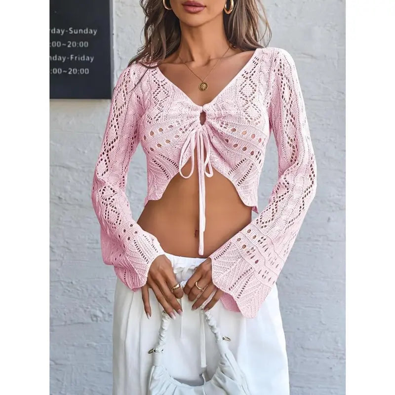 🌼 Hollow Out Drawstring Flare Sleeve Cropped Top-Women Minimalist Knit Sweater🪡