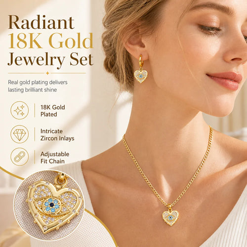 🧿 50% OFF! ✨ 18K Gold Plated Evil Eye Heart Necklace & Earrings Jewelry Set