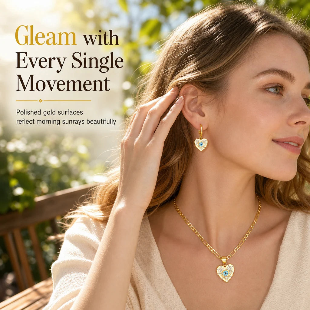 🧿 50% OFF! ✨ 18K Gold Plated Evil Eye Heart Necklace & Earrings Jewelry Set