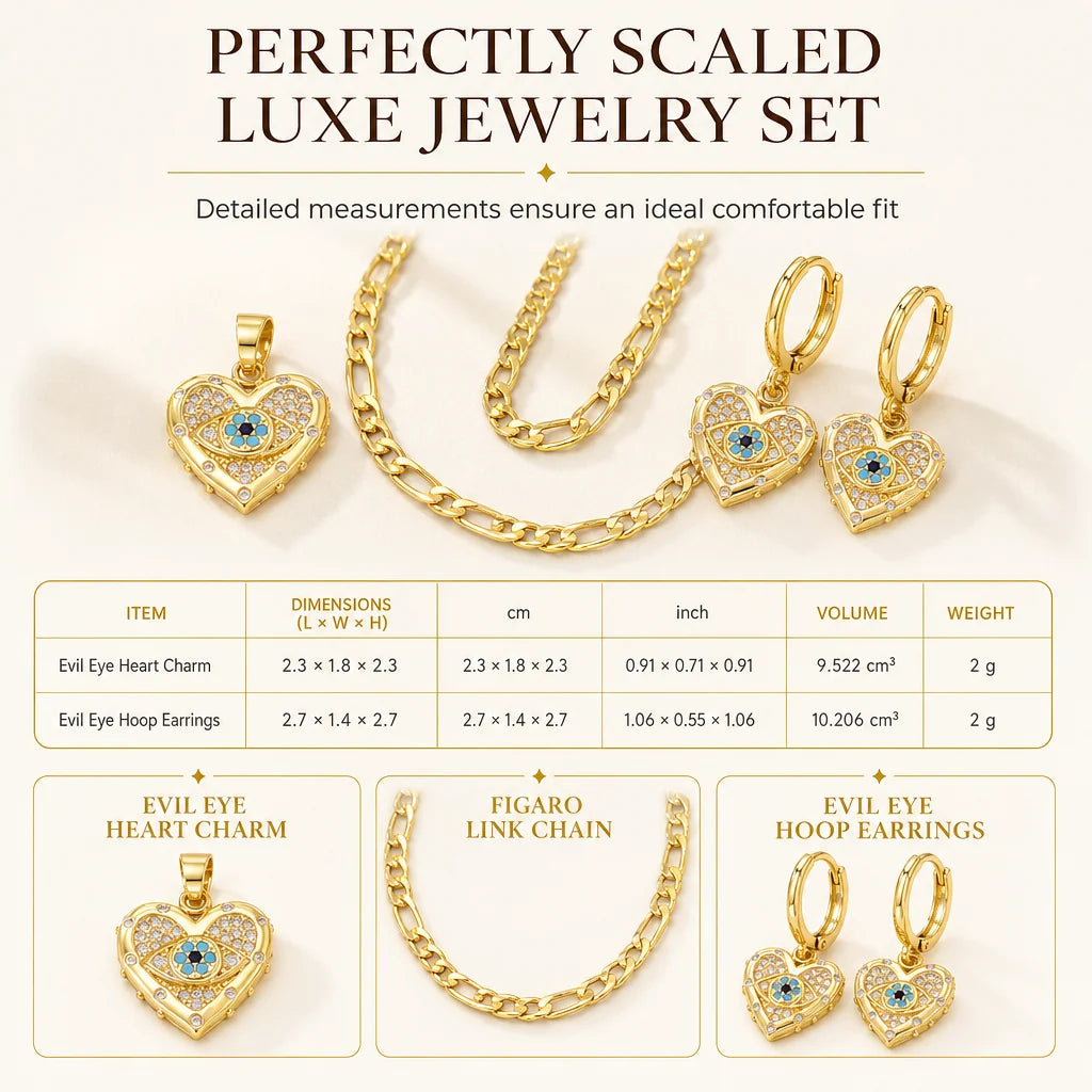 🧿 50% OFF! ✨ 18K Gold Plated Evil Eye Heart Necklace & Earrings Jewelry Set