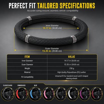 🚗 Rhinestone Steering Wheel Cover: Quilted Pu Leather, Luminous, Luxury, Easy Fit