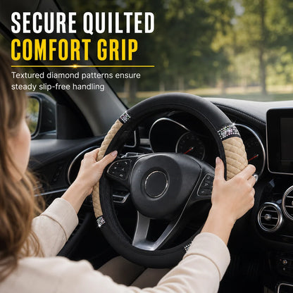 🚗 Rhinestone Steering Wheel Cover: Quilted Pu Leather, Luminous, Luxury, Easy Fit