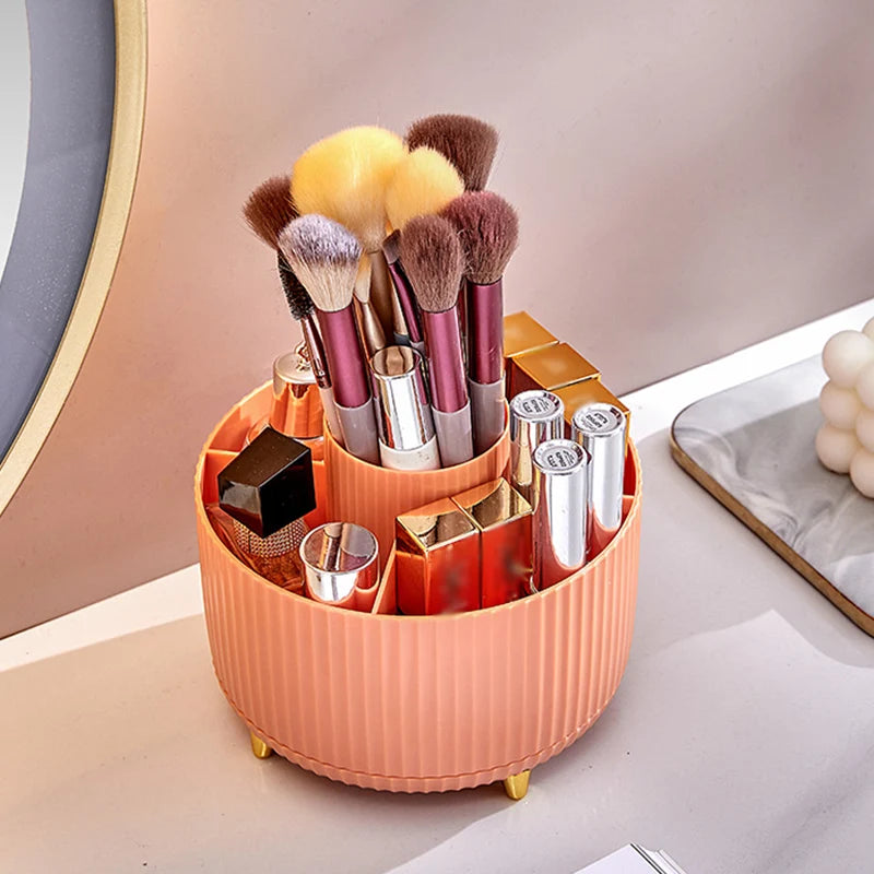 🔄 360° Rotating Desk Organiser: 5 Compartments, Pen & Makeup Storage, Gold Accent