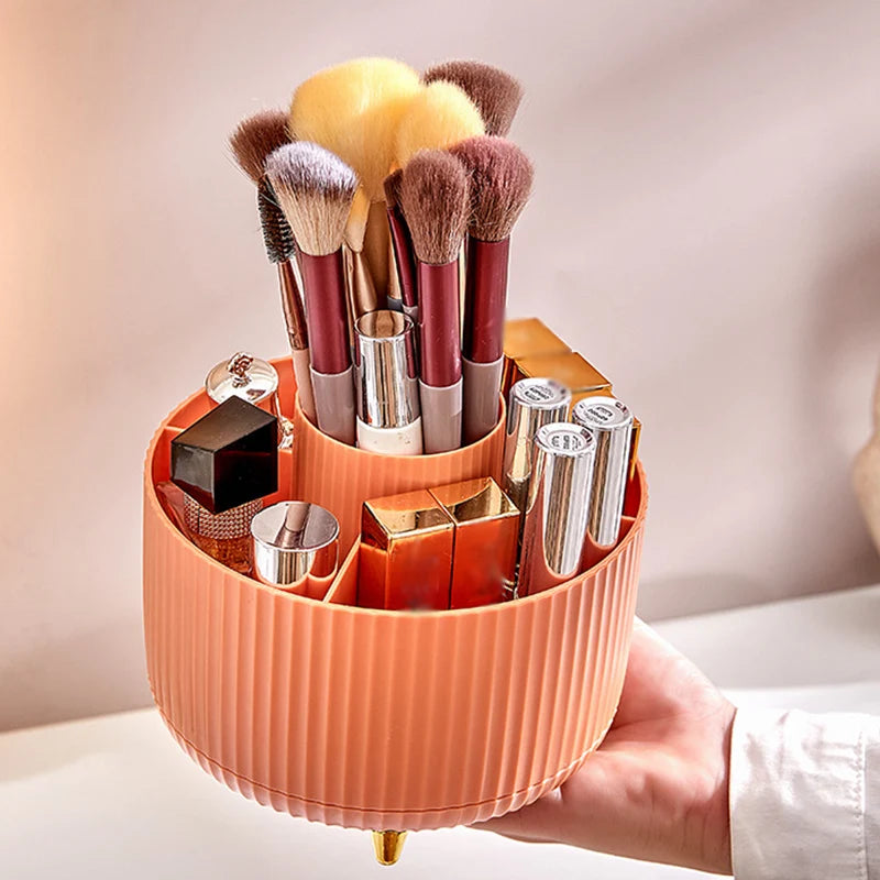 🔄 360° Rotating Desk Organiser: 5 Compartments, Pen & Makeup Storage, Gold Accent