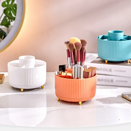 🔄 360° Rotating Desk Organiser: 5 Compartments, Pen & Makeup Storage, Gold Accent