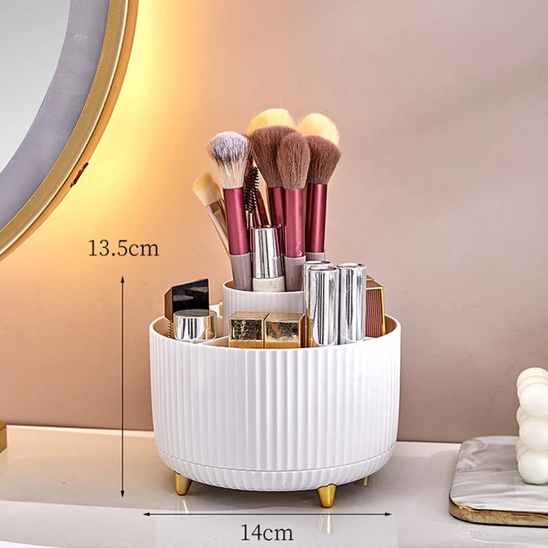 🔄 360° Rotating Desk Organiser: 5 Compartments, Pen & Makeup Storage, Gold Accent