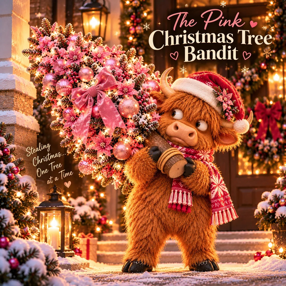 🎄🐮 Pinkmas Tree Bandit – Funny Lighted Highland Cow Carrying a Sparkling Pink Christmas Tree, Whimsical Holiday Porch Decor 🎀✨