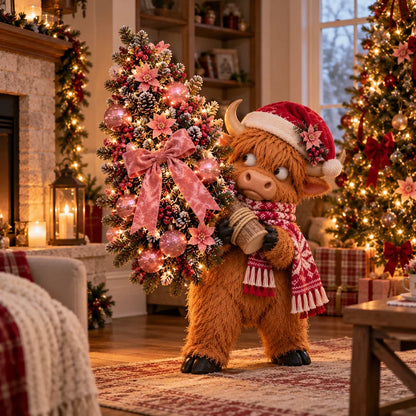 🎄🐮 Pinkmas Tree Bandit – Funny Lighted Highland Cow Carrying a Sparkling Pink Christmas Tree, Whimsical Holiday Porch Decor 🎀✨